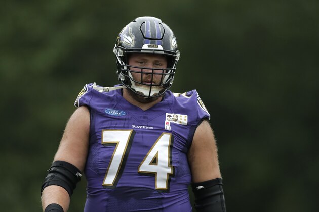 Baltimore Ravens offensive tackle James Hurst looks on during NFL football training camp, Tuesday, Aug. 13, 2019, in Owings Mills, Md. (AP Photo/Julio Cortez)