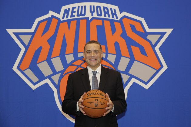 GREENBURG, NY - JULY 17:  New York Knicks team President, Steve Mills and Jeff Hornacek of the New York Knicks introduce General Manager Scott Perry at a pess conference at the at Knicks Practice Center July 17, 2017 in Greenburg, New York. NOTE TO USER: User expressly acknowledges and agrees that, by downloading and/or using this photograph, user is consenting to the terms and conditions of the Getty Images License Agreement.  Mandatory Copyright Notice: Copyright 2017 NBAE (Photo by Steven Freeman/NBAE via Getty Images)
