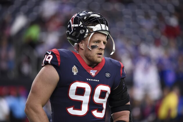 Houston Texans defensive end J.J. Watt (99) warms up before an NFL wild-card playoff football game against the Buffalo Bills Saturday, Jan. 4, 2020, in Houston. (AP Photo/Eric Christian Smith)