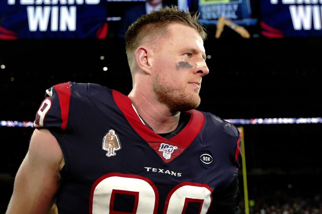 HOUSTON, TEXAS - JANUARY 04: J.J. Watt #99 of the Houston Texans walks off the field following his teams 22-19 overtime win against the Buffalo Bills in the AFC Wild Card Playoff game at NRG Stadium on January 04, 2020 in Houston, Texas. (Photo by Tim Warner/Getty Images)