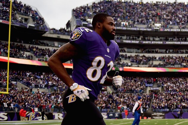 BALTIMORE, MD - DECEMBER 14: Wide receiver Torrey Smith #82 of the Baltimore Ravens takes the field for a game against the Jacksonville Jaguars at M&T Bank Stadium on December 14, 2014 in Baltimore, Maryland.  (Photo by Patrick Smith/Getty Images)