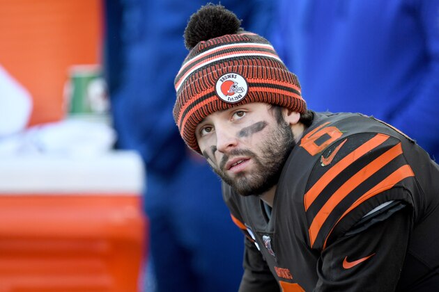 CLEVELAND, OHIO - DECEMBER 22: Baker Mayfield #6 of the Cleveland Browns looks on from the bench against the Baltimore Ravens during the third quarter in the game at FirstEnergy Stadium on December 22, 2019 in Cleveland, Ohio. (Photo by Jason Miller/Getty Images)