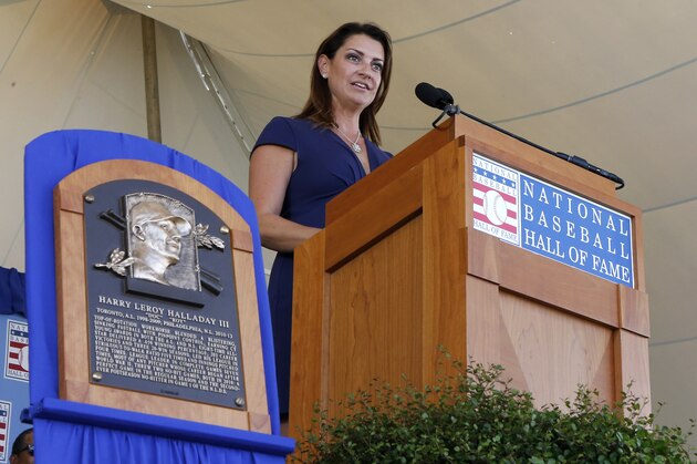 COOPERSTOWN, NEW YORK - JULY 21:  Brandy Halladay speaks on behalf of her late husband, Roy Halladay, during the Baseball Hall of Fame induction ceremony at Clark Sports Center on July 21, 2019 in Cooperstown, New York. (Photo by Jim McIsaac/Getty Images)