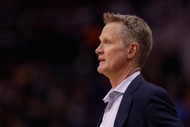 PHOENIX, ARIZONA - FEBRUARY 12:  Head coach Steve Kerr of the Golden State Warriors watches from the bench during the first half of the NBA game against the Phoenix Suns at Talking Stick Resort Arena on February 12, 2020 in Phoenix, Arizona. The Suns defeated the Warriors 112-106.  NOTE TO USER: User expressly acknowledges and agrees that, by downloading and or using this photograph, user is consenting to the terms and conditions of the Getty Images License Agreement. Mandatory Copyright Notice: Copyright 2020 NBAE. (Photo by Christian Petersen/Getty Images)