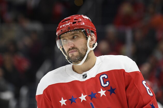 Washington Capitals left wing Alex Ovechkin (8), of Russia, stands on the ice during the second period of an NHL hockey game against the Philadelphia Flyers, Wednesday, March 4, 2020, in Washington. (AP Photo/Nick Wass)