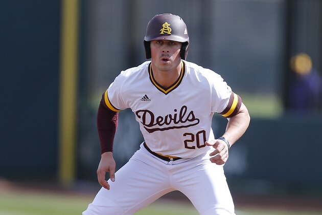 Arizona State first baseman Spencer Torkelson during an NCAA college baseball game against Notre Dame, Sunday, Feb. 17, 2019, in Phoenix. (AP Photo/Rick Scuteri)