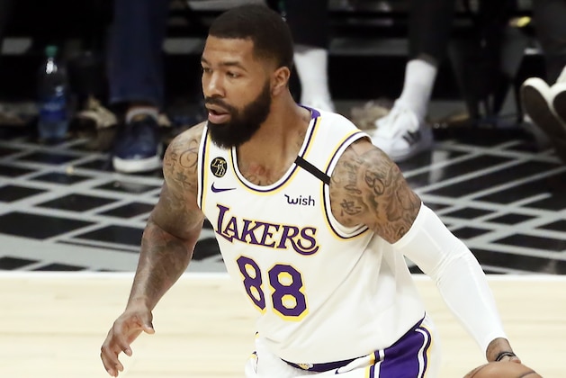 LOS ANGELES, CA - MARCH 8: Markieff Morris #88 of the Los Angeles Lakers handles the ball during a game against the LA Clippers at the Staples Center on March 8, 2020 in Los Angeles, CA. NOTE TO USER: User expressly acknowledges and agrees that, by downloading and or using this photograph, User is consenting to the terms and conditions of the Getty Images License Agreement. Mandatory Credit: 2020 NBAE (Photo by Chris Elise/NBAE via Getty Images)