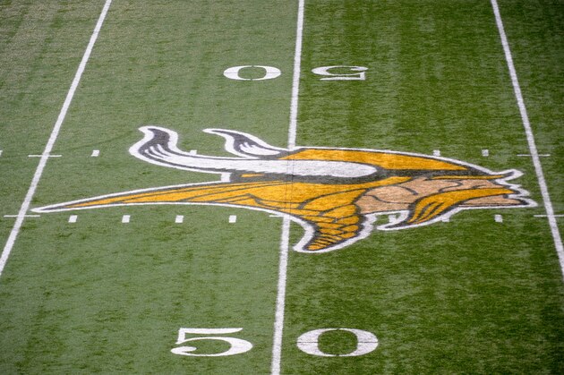 MINNEAPOLIS, MN - DECEMBER 18: A general view of the Minnesota Vikings' logo on the 50 yard line during the game between the Minnesota Vikings and the New Orleans Saints on December 18, 2011 at Mall of America Field at the Hubert H. Humphrey Metrodome in Minneapolis, Minnesota. (Photo by Hannah Foslien/Getty Images) MINNEAPOLIS, MN - DECEMBER 18: A general view of the Minnesota Vikings' logo on the 50 yard line during the game between the Minnesota Vikings and the New Orleans Saints on December 18, 2011 at Mall of America Field at the Hubert H. Humphrey Metrodome in Minneapolis, Minnesota. (Photo by Hannah Foslien/Getty Images)