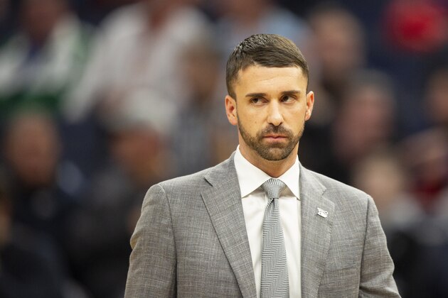 Minnesota Timberwolves head coach Ryan Saunders looks on in the fourth quarter of an NBA basketball game against the Boston Celtics, Friday, Feb. 21, 2020, in Minneapolis. (AP Photo/Andy Clayton-King)