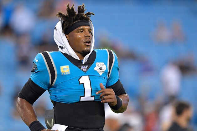 CHARLOTTE, NORTH CAROLINA - SEPTEMBER 12: Cam Newton #1 of the Carolina Panthers against the Tampa Bay Buccaneers during the first quarter of their game at Bank of America Stadium on September 12, 2019 in Charlotte, North Carolina. (Photo by Grant Halverson/Getty Images)