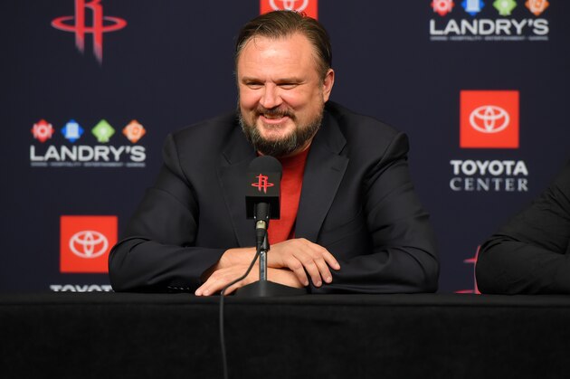 HOUSTON, TX - JULY 26: General Manager Daryl Morey of the Houston Rockets talk to the media during the Houston Rockets Introductory Press Conference on July 26, 2019 at the Toyota Center in Houston, Texas. NOTE TO USER: User expressly acknowledges and agrees that, by downloading and or using this photograph, User is consenting to the terms and conditions of the Getty Images License Agreement. Mandatory Copyright Notice: Copyright 2019 NBAE (Photo by Bill Baptist/NBAE via Getty Images)