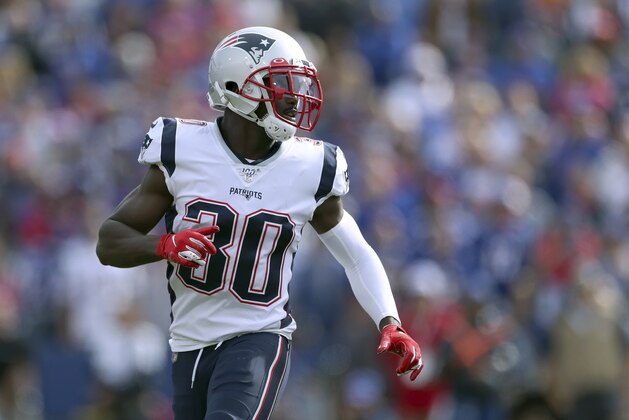 New England Patriots cornerback Jason McCourty lines up for a play against the Buffalo Bills in the second half of an NFL football game, Sunday, Sept. 29, 2019, in Orchard Park, N.Y. (AP Photo/Ron Schwane)