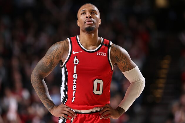 PORTLAND, OR - MARCH 10: Damian Lillard #0 of the Portland Trail Blazers looks on during the game on March 10 , 2020 at the Moda Center Arena in Portland, Oregon. NOTE TO USER: User expressly acknowledges and agrees that, by downloading and or using this photograph, user is consenting to the terms and conditions of the Getty Images License Agreement. Mandatory Copyright Notice: Copyright 2020 NBAE (Photo by Sam Forencich/NBAE via Getty Images)