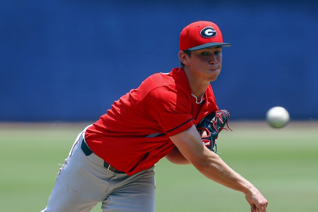 Georgia pitcher Emerson Hancock throws a pitch during the first inning against Mississippi in an NCAA college baseball game at the Southeastern Conference tournament, Saturday, May 25, 2019, in Hoover, Ala. (AP Photo/Butch Dill) Georgia pitcher Emerson Hancock throws a pitch during the first inning against Mississippi in an NCAA college baseball game at the Southeastern Conference tournament, Saturday, May 25, 2019, in Hoover, Ala. (AP Photo/Butch Dill)
