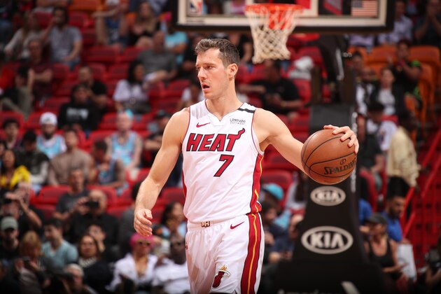 MIAMI, FL - MARCH 11:  Goran Dragic #7 of the Miami Heat handles the ball against the Charlotte Hornets on March 11, 2020 at American Airlines Arena in Miami, Florida. NOTE TO USER: User expressly acknowledges and agrees that, by downloading and or using this Photograph, user is consenting to the terms and conditions of the Getty Images License Agreement. Mandatory Copyright Notice: Copyright 2020 NBAE (Photo by Issac Baldizon/NBAE via Getty Images)