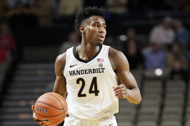 Vanderbilt forward Aaron Nesmith plays against Southeastern Louisiana in the first half of an NCAA college basketball game Monday, Nov. 25, 2019, in Nashville, Tenn. (AP Photo/Mark Humphrey)