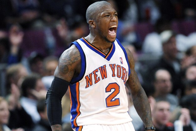 New York Knicks' Nate Robinson reacts after hitting a three-point shot  during the fourth quarter of an NBA basketball game against the Detroit Pistons, Monday, Jan. 18, 2010, at Madison Square Garden in New York. Robinson led all scorers with 27 points as the Knicks defeated the Pistons 99-91.  (AP Photo/Bill Kostroun)