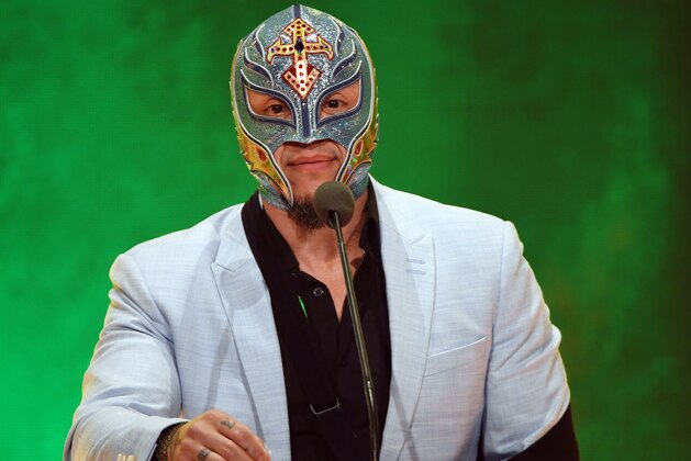 LAS VEGAS, NEVADA - OCTOBER 11:  WWE wrestler Rey Mysterio speaks at a WWE news conference at T-Mobile Arena on October 11, 2019 in Las Vegas, Nevada. It was announced that WWE wrestler Braun Strowman will face heavyweight boxer Tyson Fury and WWE champion Brock Lesnar will take on former UFC heavyweight champion Cain Velasquez at the WWE's Crown Jewel event at Fahd International Stadium in Riyadh, Saudi Arabia on October 31.  (Photo by Ethan Miller/Getty Images)