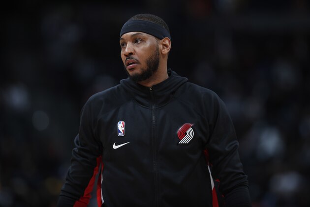Portland Trail Blazers forward Carmelo Anthony (00) in the first half of an NBA basketball game Tuesday, Feb. 4, 2020, in Denver. (AP Photo/David Zalubowski)