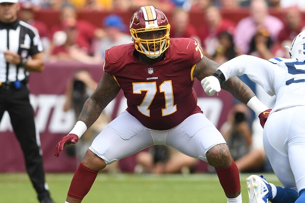 LANDOVER, MD - SEPTEMBER 16:  Trent Williams #71 of the Washington Redskins blocks against the Indianapolis Colts at FedExField on September 16, 2018 in Landover, Maryland.  (Photo by G Fiume/Getty Images)