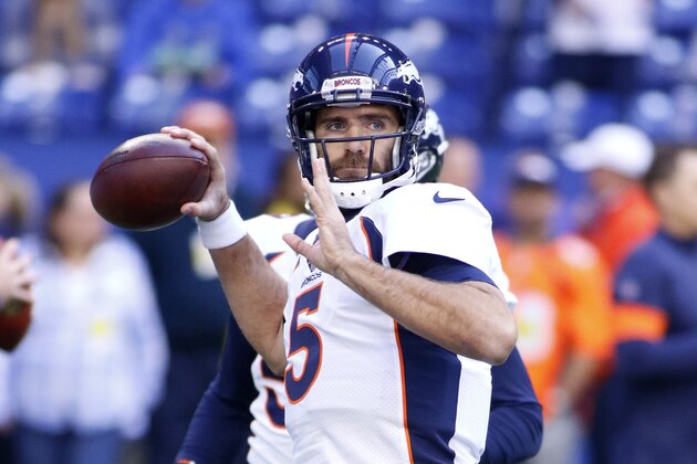 INDIANAPOLIS, INDIANA - OCTOBER 27: Joe Flacco #5 of the Denver Broncos warms up before the game against the Indianapolis Colts at Lucas Oil Stadium on October 27, 2019 in Indianapolis, Indiana. (Photo by Justin Casterline/Getty Images)
