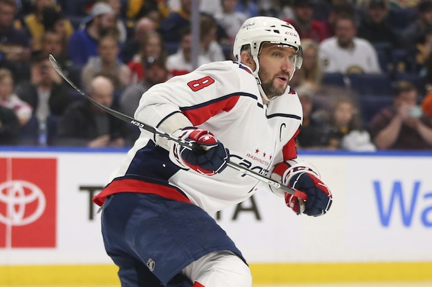 Washington Capitals forward Alex Ovechkin (8) skates during the first period of an NHL hockey game against the Buffalo Sabres, Monday, March 9, 2020, in Buffalo, N.Y. (AP Photo/Jeffrey T. Barnes)