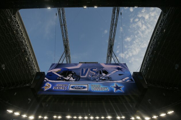 The roof at AT&T Stadium is show before an NFL football game between the Minnesota Vikings and Dallas Cowboys in Arlington, Texas, Sunday, Nov. 10, 2019. (AP Photo/Michael Ainsworth)