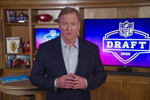 UNSPECIFIED LOCATION - APRIL 23: (EDITORIAL USE ONLY) In this still image from video provided by the NFL, NFL Commissioner Roger Goodell speaks from his home in Bronxville, New York during the first round of the 2020 NFL Draft on April 23, 2020. (Photo by NFL via Getty Images)