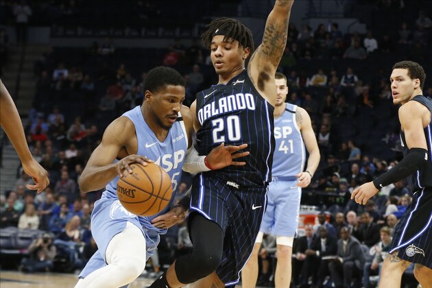 Minnesota Timberwolves' Malik Beasley, left, drives past Orlando Magic's Markelle Fultz in the second half of an NBA basketball game, Friday, March 6, 2020 in Minneapolis. (AP Photo/Jim Mone)