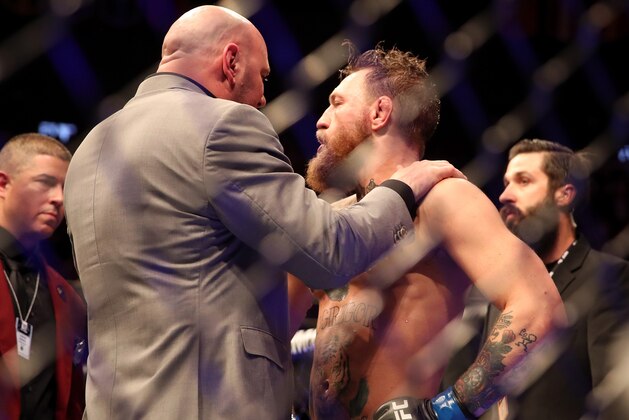 LAS VEGAS, NV - OCTOBER 06: UFC president Dana White talks to Conor McGregor of Ireland after a post-fight incident following his loss to Khabib Nurmagomedov of Russia in their UFC lightweight championship bout during the UFC 229 event inside T-Mobile Arena on October 6, 2018 in Las Vegas, Nevada. (Photo by Christian Petersen/Zuffa LLC/Zuffa LLC via Getty Images) LAS VEGAS, NV - OCTOBER 06: UFC president Dana White talks to Conor McGregor of Ireland after a post-fight incident following his loss to Khabib Nurmagomedov of Russia in their UFC lightweight championship bout during the UFC 229 event inside T-Mobile Arena on October 6, 2018 in Las Vegas, Nevada. (Photo by Christian Petersen/Zuffa LLC/Zuffa LLC via Getty Images)