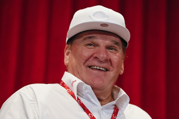 FILE - In this June 17, 2017, file photo, former Cincinnati Reds player Pete Rose attends a news conference during his statue dedication ceremonies before a baseball game between the Reds and the Los Angeles Dodgers in Cincinnati. Rose once again asked Major League Baseball to end his lifetime ban, saying the penalty is unfair compared with discipline for steroids use and electronic sign stealing. Rose's lawyers submitted the application Wednesday, Feb. 5, 2020, to baseball Commissioner Rob Manfred, who in December 2015 denied the previous request by the career hits leader.  (AP Photo/John Minchillo, File)