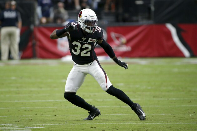 Arizona Cardinals strong safety Budda Baker (32) lines up against the Atlanta Falcons during the first half of an NFL football game, Sunday, Oct. 13, 2019, in Glendale, Ariz. (AP Photo/Rick Scuteri)