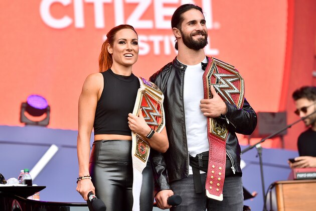 NEW YORK, NEW YORK - SEPTEMBER 28: Becky Lynch and Seth Rollins speak onstage during the 2019 Global Citizen Festival: Power The Movement in Central Park on September 28, 2019 in New York City. (Photo by Theo Wargo/Getty Images for Global Citizen)