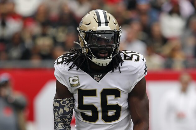 New Orleans Saints outside linebacker Demario Davis (56) during the first half of an NFL football game against the Tampa Bay Buccaneers Sunday, Nov. 17, 2019, in Tampa, Fla. (AP Photo/Mark LoMoglio)