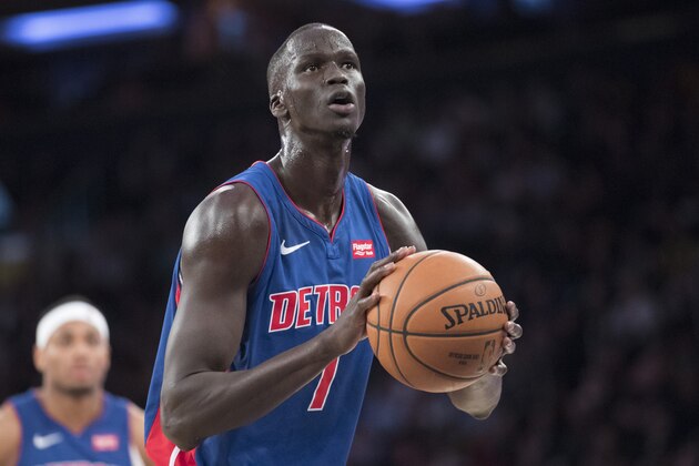 Detroit Pistons forward Thon Maker shoots a free throw during the first half of an NBA basketball game against the New York Knicks, Wednesday, April 10, 2019, at Madison Square Garden in New York. (AP Photo/Mary Altaffer)