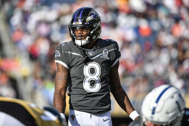 ORLANDO, FLORIDA - JANUARY 26: Lamar Jackson #8 of the Baltimore Ravens in action during the 2020 NFL Pro Bowl at Camping World Stadium on January 26, 2020 in Orlando, Florida. (Photo by Mark Brown/Getty Images) ORLANDO, FLORIDA - JANUARY 26: Lamar Jackson #8 of the Baltimore Ravens in action during the 2020 NFL Pro Bowl at Camping World Stadium on January 26, 2020 in Orlando, Florida. (Photo by Mark Brown/Getty Images)