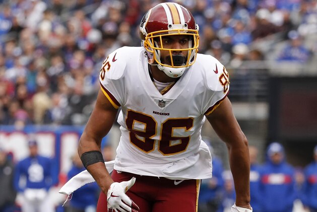 Washington Redskins tight end Jordan Reed (86) in action against the New York Giants during an NFL football game Sunday, Oct. 28, 2018, in East Rutherford, N.J. The Redskins won 20-13. (AP Photo/Adam Hunger) Washington Redskins tight end Jordan Reed (86) in action against the New York Giants during an NFL football game Sunday, Oct. 28, 2018, in East Rutherford, N.J. The Redskins won 20-13. (AP Photo/Adam Hunger)