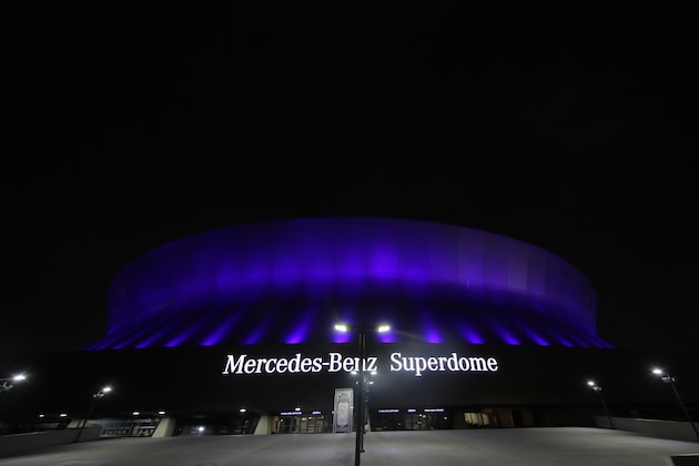 NEW ORLEANS, LA - APRIL 09: The Mercedes-Benz Superdome is lit up blue on April 09, 2020 in New Orleans, Louisiana. Landmarks and buildings across the nation are displaying blue lights to show support for health care workers and first responders on the front lines of the coronavirus (COVID-19) pandemic. (Photo by Chris Graythen/Getty Images)