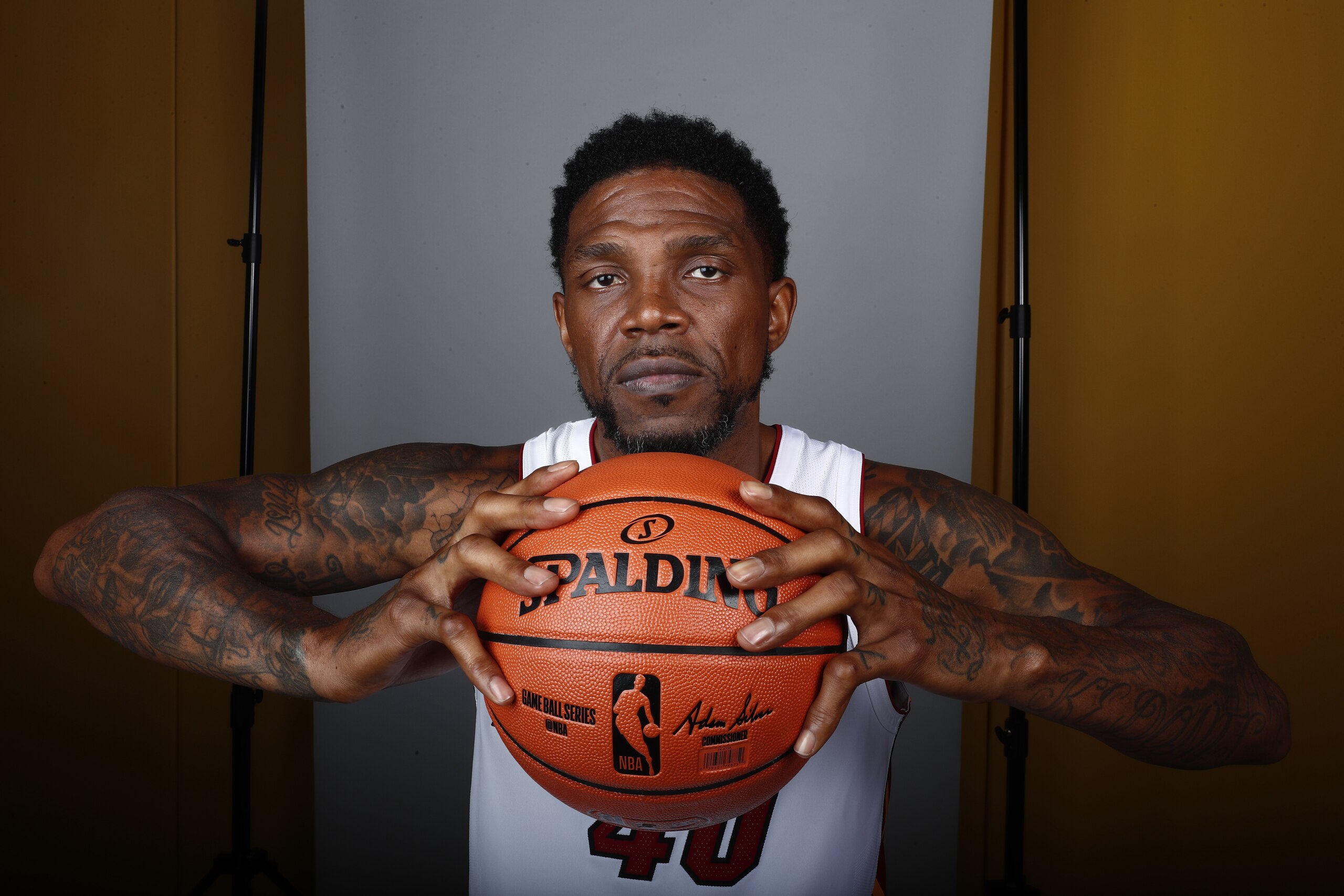 Miami Heat's Udonis Haslem (40) poses during the NBA basketball team's media day, Monday, Sept. 30, 2019, in Miami. (AP Photo/Brynn Anderson)