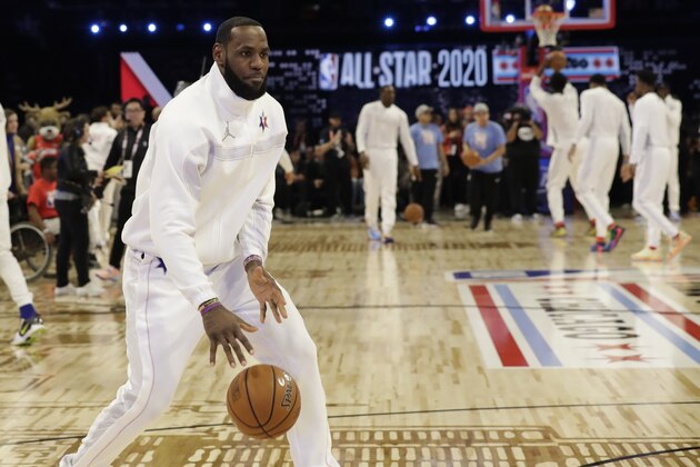 LeBron James of the Los Angeles Lakers warms up before the NBA All-Star basketball game Sunday, Feb. 16, 2020, in Chicago. (AP Photo/Nam Huh)