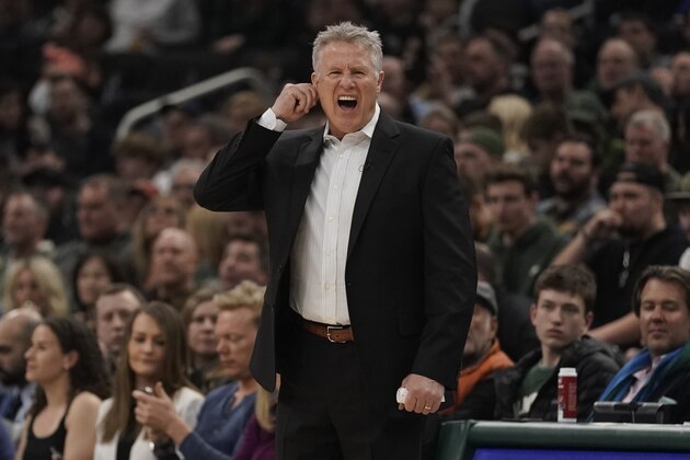 Philadelphia 76ers head coach Brett Brown reacts during the first half of an NBA basketball game against the Milwaukee Bucks Saturday, Feb. 22, 2020, in Milwaukee. (AP Photo/Morry Gash)