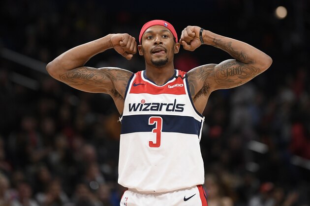 Washington Wizards guard Bradley Beal (3) gestures during the second half of an NBA basketball game against the Atlanta Hawks, Friday, March 6, 2020, in Washington. (AP Photo/Nick Wass)
