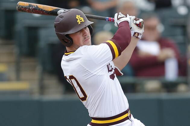 Arizona State first baseman Spencer Torkelson during an NCAA college baseball game against Notre Dame, Sunday, Feb. 17, 2019, in Phoenix. (AP Photo/Rick Scuteri)