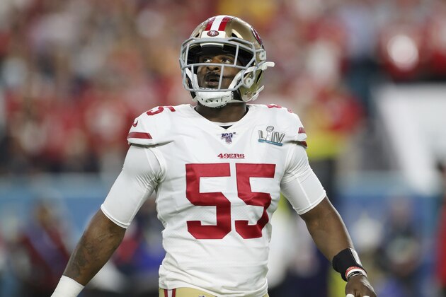 San Francisco 49ers defensive end Dee Ford (55) is seen against the Kansas City Chiefs at Super Bowl 54 on Feb. 2, 2020, in Miami Gardens, Fla. The Chiefs won the game 31-20. (AP Photo/Gregory Payan)