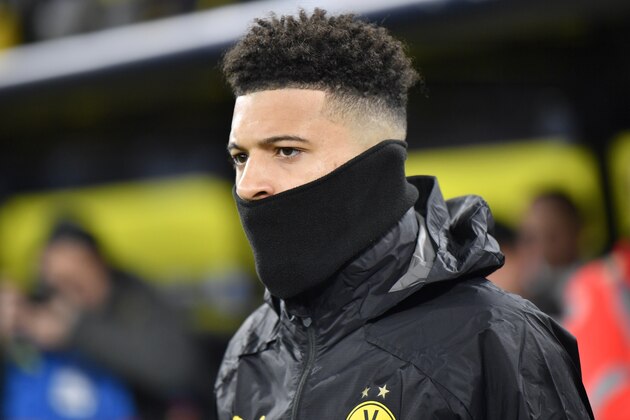 Dortmund's Jadon Sancho prior to the Champions League round of 16 first leg soccer match between Borussia Dortmund and Paris Saint Germain in Dortmund, Germany, Tuesday, Feb. 18, 2020. (AP Photo/Martin Meissner)