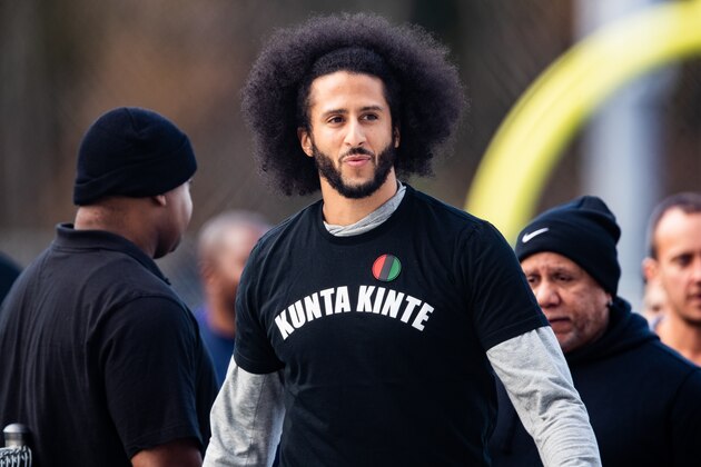 RIVERDALE, GA - NOVEMBER 16: Colin Kaepernick looks on during his NFL workout held at Charles R Drew high school on November 16, 2019 in Riverdale, Georgia. (Photo by Carmen Mandato/Getty Images)