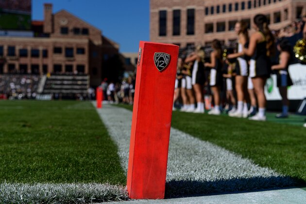 BOULDER, CO - SEPTEMBER 10:  A general view of the end zone pylon with the Pac 12 logo during a game between the Colorado Buffaloes and the Idaho State Bengals at Folsom Field on September 10, 2016 in Boulder, Colorado.  (Photo by Dustin Bradford/Getty Images)