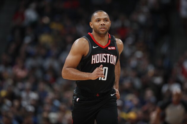 Houston Rockets guard Eric Gordon (10) in the first half of an NBA basketball game Sunday, Jan. 26, 2020, in Denver. (AP Photo/David Zalubowski)