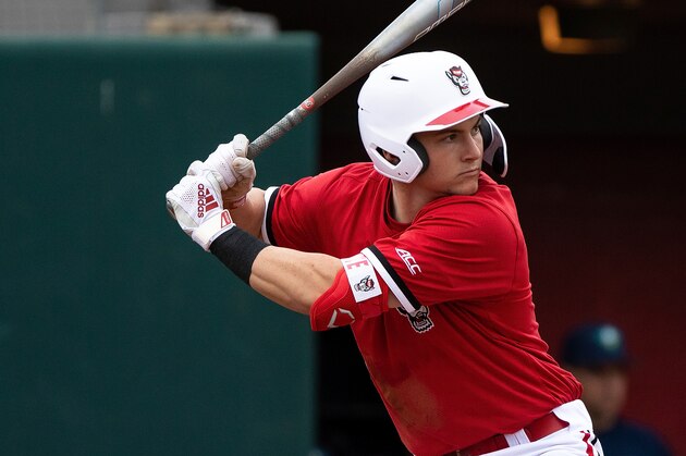 North Carolina State's Patrick Bailey (5) bats during an NCAA baseball game on Tuesday, Feb. 25, 2020, in Raleigh, N.C. (AP Photo/Ben McKeown)