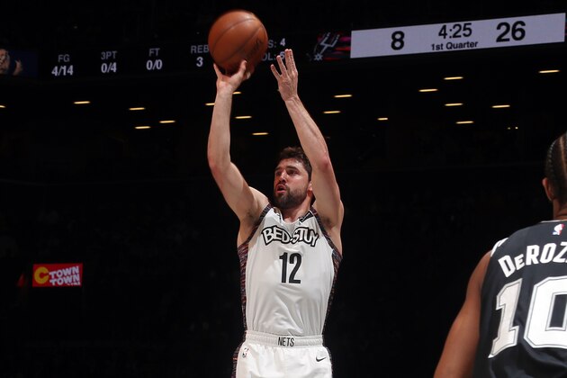 BROOKLYN, NY - MARCH 6: Joe Harris #12 of the Brooklyn Nets shoots a three point basket during the game against the San Antonio Spurs on March 6, 2020 at Barclays Center in Brooklyn, New York. NOTE TO USER: User expressly acknowledges and agrees that, by downloading and or using this Photograph, user is consenting to the terms and conditions of the Getty Images License Agreement. Mandatory Copyright Notice: Copyright 2020 NBAE (Photo by Nathaniel S. Butler/NBAE via Getty Images)